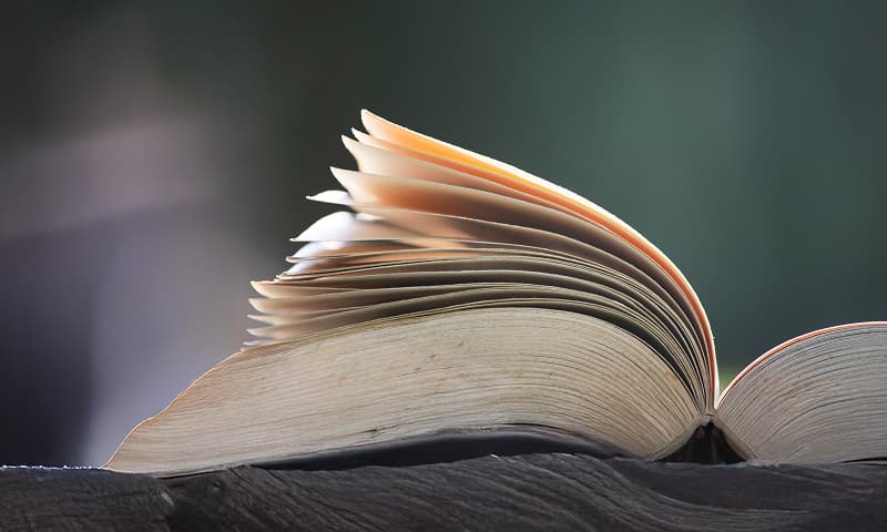 바람에 넘어가고 있는 두꺼운 책의 윗 면